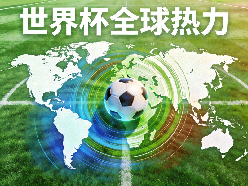世界杯专题页面展示，绿茵场上足球与全球地图融合的抽象概念图